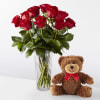 Classic Red Roses with Plush Bear - Deluxe. An arrangement by Deer Valley Florist and Flower Delivery.