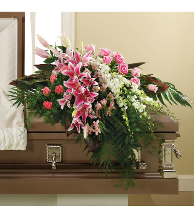 PINK LILIES AND PINK ROSES CASKET COVER PINK LILIES AND PINK ROSES CASKET COVER