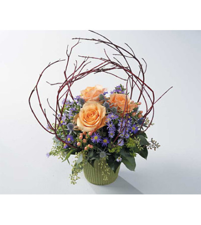 Peach Roses in Green Mache with Branches Peach Roses in Green Mache with Branches