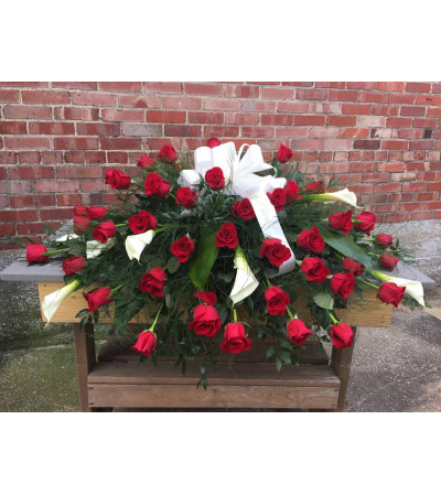CASKET SPRAY - Red Roses & White Calla Lilies CASKET SPRAY - Red Roses & White Calla Lilies