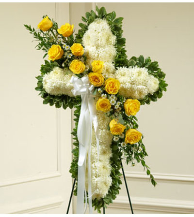 White Cross with Yellow Roses Tribute White Cross with Yellow Roses Tribute