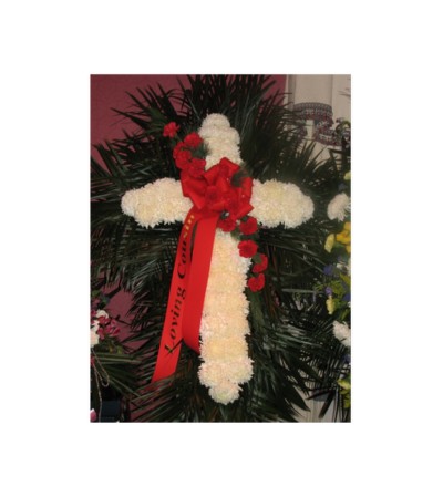 WHITE MUM CROSS WITH RED CARNATION BREAK WHITE MUM CROSS WITH RED CARNATION BREAK