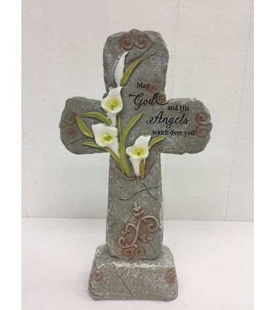 9.5" Resin Cross with Lily "May God and His Angels watch over you 9.5" Resin Cross with Lily "May God and His Angels watch over you