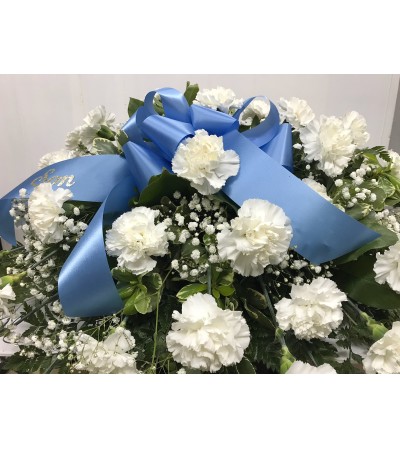 Casket spray of Carnations and Baby's Breath Casket spray of Carnations and Baby's Breath