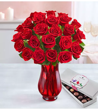 Two Dozen Red Roses With Chocolate Arranged Two Dozen Red Roses With Chocolate Arranged