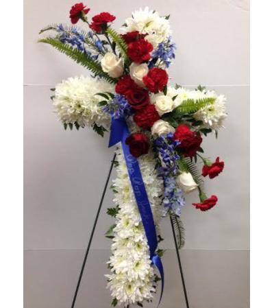 24” Cross with Patriotic Floral Spray 24” Cross with Patriotic Floral Spray