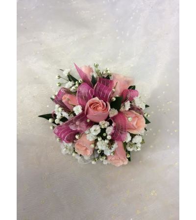 Wristlet - pink spray roses, babies breath (pick up only) Wristlet - pink spray roses, babies breath (pick up only)