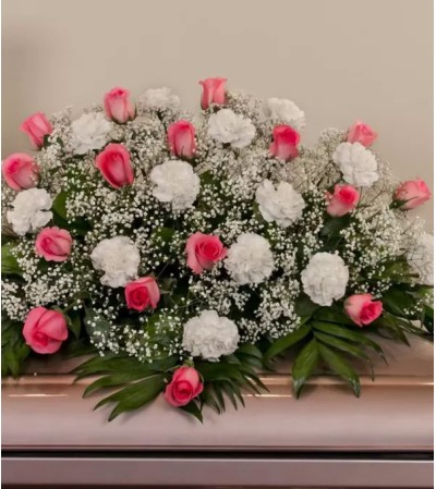Casket Spray-Pink Roses and White Carnations Casket Spray-Pink Roses and White Carnations