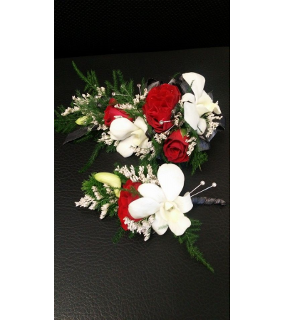 Designer's Choice Corsage and Bout set. Red and white Designer's Choice Corsage and Bout set. Red and white