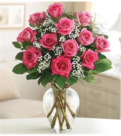 1 DOZEN PINK ROSES IN VASE WITH GREENS AND FILLER 1 DOZEN PINK ROSES IN VASE WITH GREENS AND FILLER