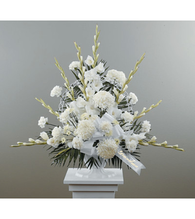 Traditional Funeral Spay with Gladiolus and Football Pompons Traditional Funeral Spay with Gladiolus and Football Pompons