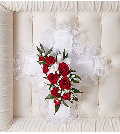 Red & White Satin Cross Casket Pillow Red & White Satin Cross Casket Pillow