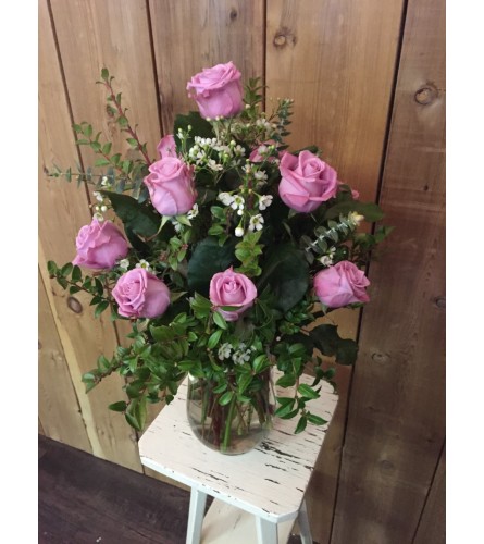 12 Pink Roses Arranged
