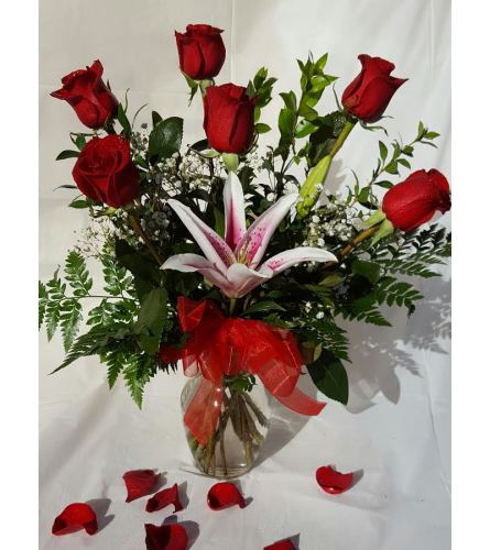 6 Red Roses & Lily Vase