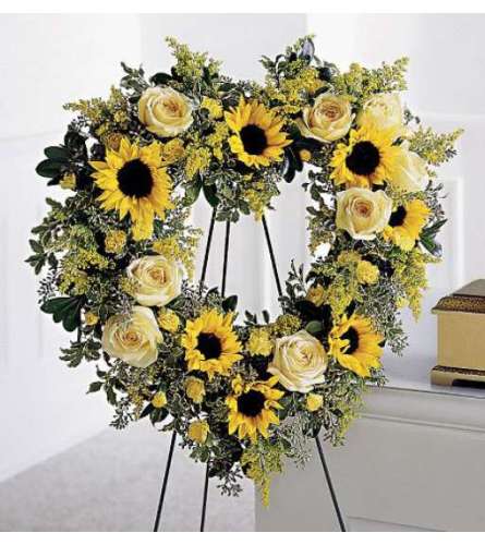 Sunflower and Roses Open Funeral Heart