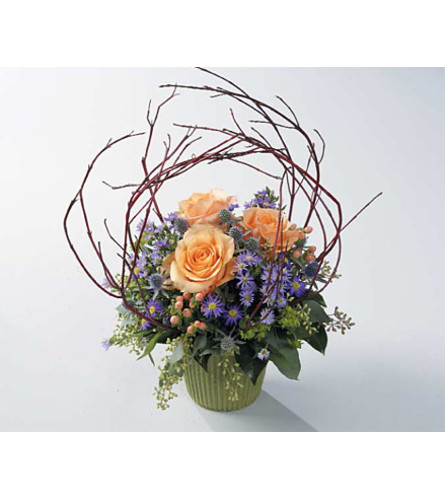 Peach Roses in Green Mache with Branches