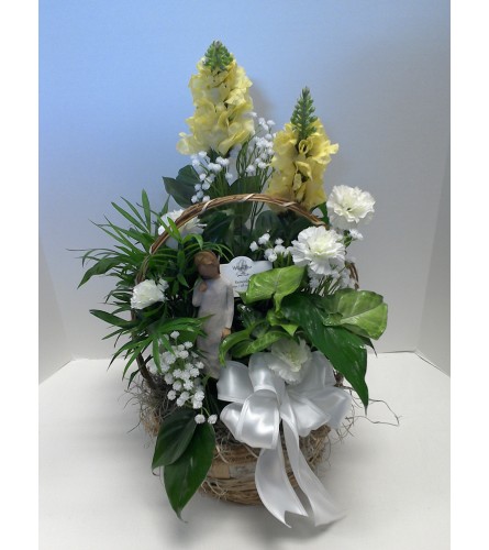 8" Planter trimmed with silk flowers, a bow and a Willow Tree Ang