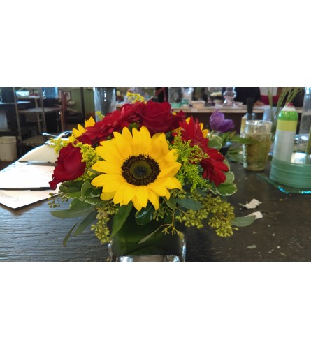 sun flower, gerber daisies and rose arrangement