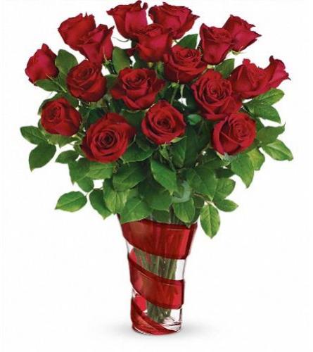 Swirling Hearts Vase With Red Roses