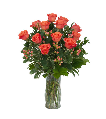 Orange Roses and Berries Vase