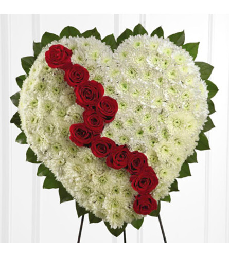 Broken Heart white chrysanthemum and red roses