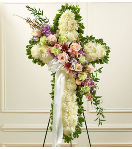 White Cross with Pastel Flowers