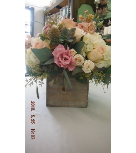wooden box floral arrangement