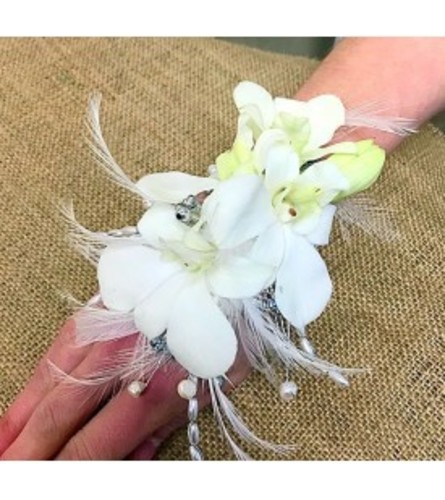 White Dendrobium Orchid & Feather Wristlet