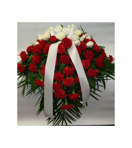 CASKET SPRAY- RED CARNATIONS & WHITE ROSES