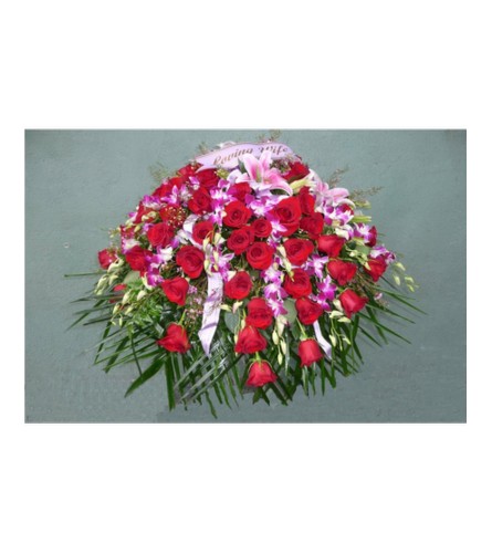 CASKET SPRAY- ROSES, ORCHIDS, & LILIES