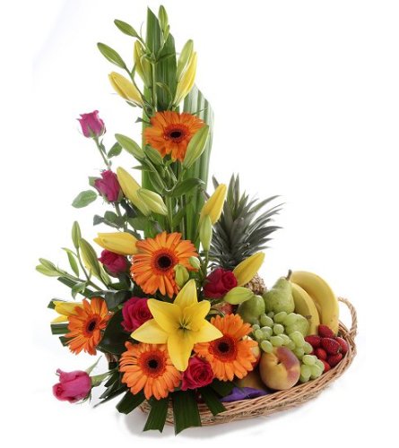 Basket Of Flowers And Fruits