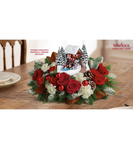 Snowfall Dreams-Thomas Kinkade. An arrangement by Roscommon Floral and Growing Up Greenhouse.