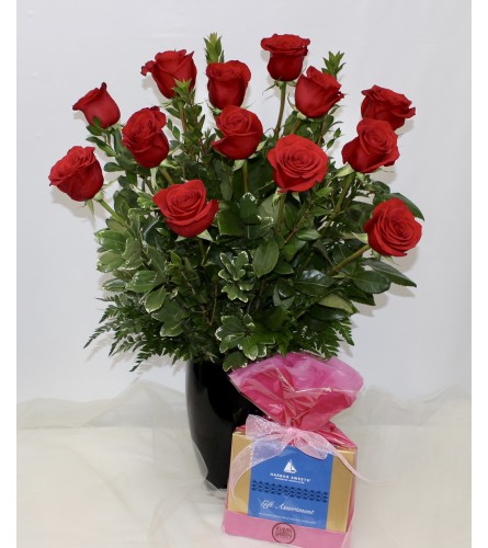 Dozen Red Roses & Chocolates