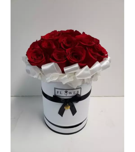 Red Roses In White Couture Box