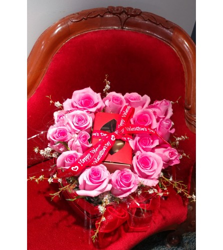 Pink Roses in Red heart box, with Gosanko Truffles