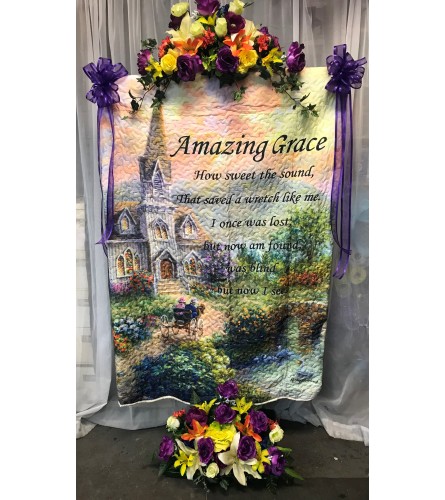 Amazing Grace Quilt on Stand with Silk Flowers