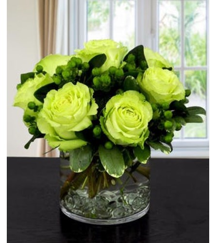 green roses. An arrangement by Howard Beach Florist.