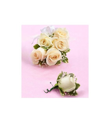 Prom White Rose Corsage & Boutonniere