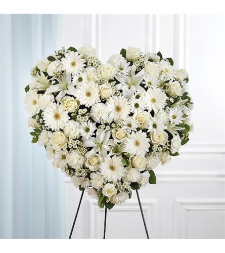 Sympathy All White Mixed Flower Solid Heart Standing