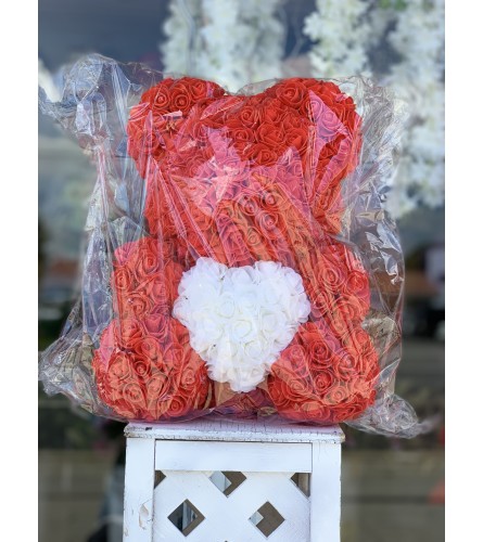 Medium Red Rose Bear (With White Heart)