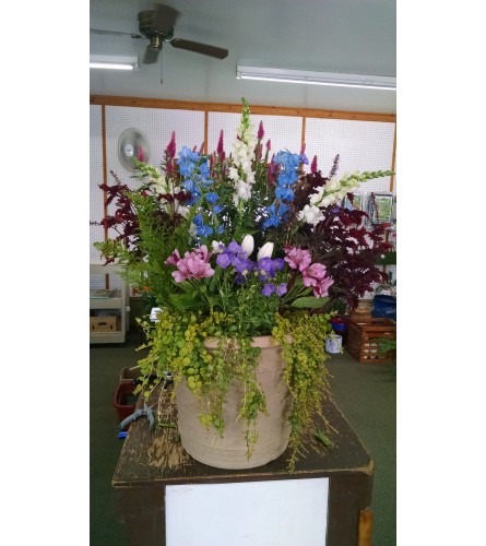 Premium Porch Planters. An arrangement by Roscommon Floral and Growing Up Greenhouse.