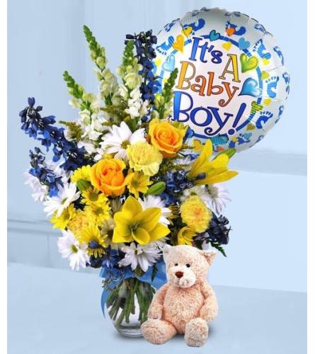 Baby Boy Vase Bouquet Bundle with Balloon and Bear