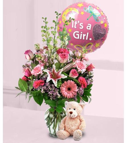 Baby Girl Vase Bundle with Balloon and Bear