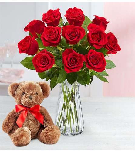 One Dozen Red Roses With Small Bear