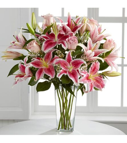 All Pink Casablanca Lilies and Roses Arrangement