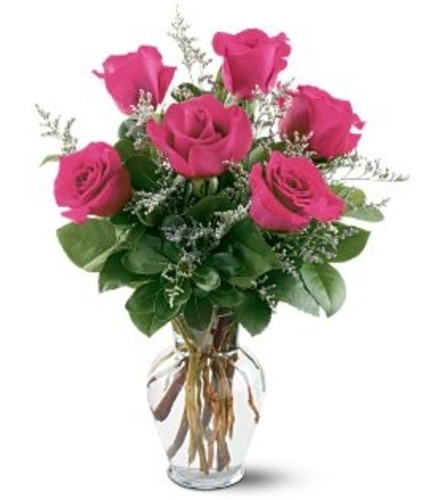 1/2 DOZEN PINK ROSES IN VASE WITH GREENS AND FILLER