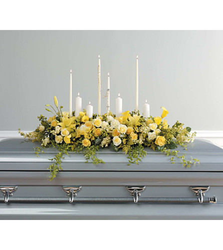 Yellow Casket Spray with Rosary and Candles