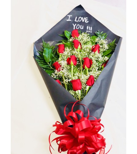 Dozen Roses with short MESSAGE on Paper