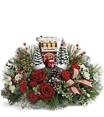 Teleflora's Thomas Kinkade Festive Fire Station Christmas Centerp