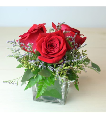 3 Red Roses in a Small Cube